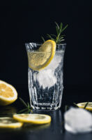 A refreshing drink of ice water with lemon slices and rosemary