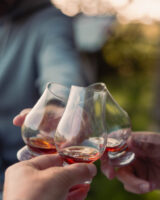 Hands clinking glasses of whiskey in a celebratory toast outdoors, with a blurred background
